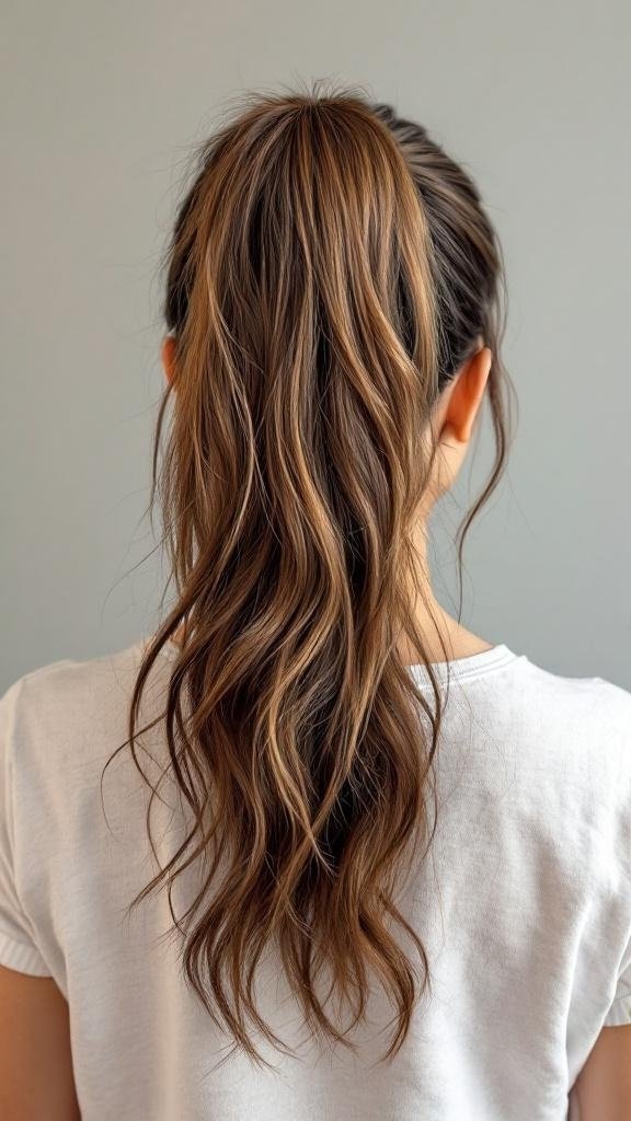A woman with a voluminous ponytail, showcasing soft waves and a casual look.