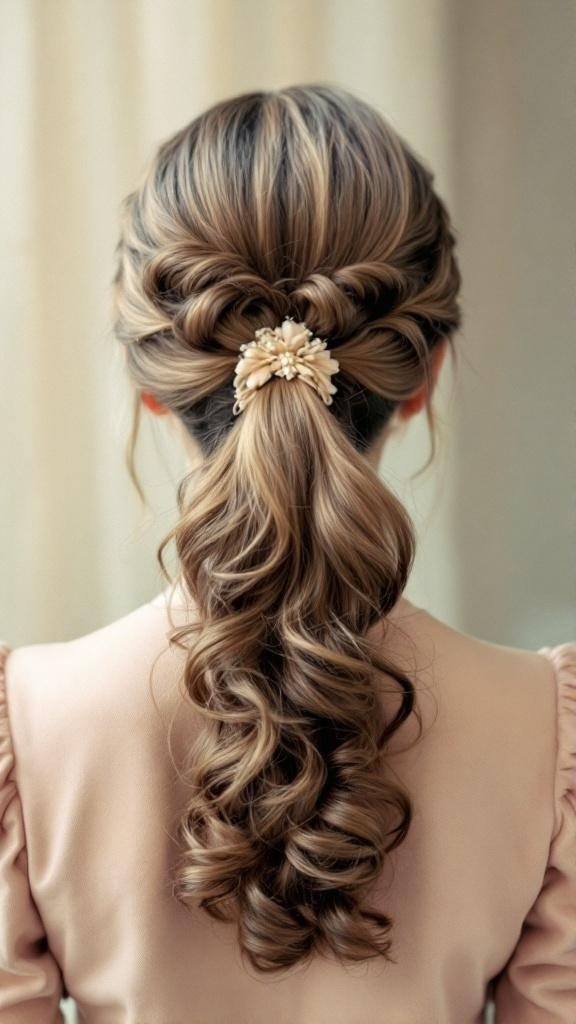 A vintage inspired ponytail hairstyle featuring soft curls and a decorative hair accessory.