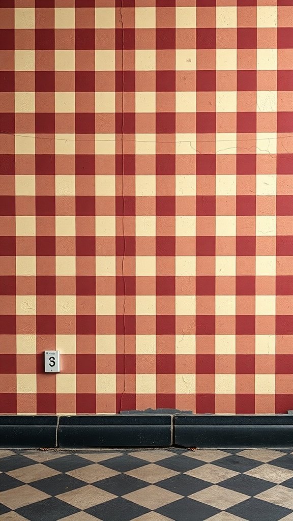 Red and cream checkerboard wallpaper with a black checkered floor