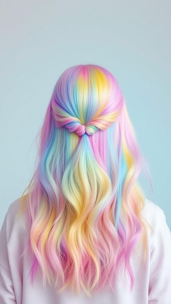 A woman with pastel rainbow hair styled in soft waves and a half-up knot.
