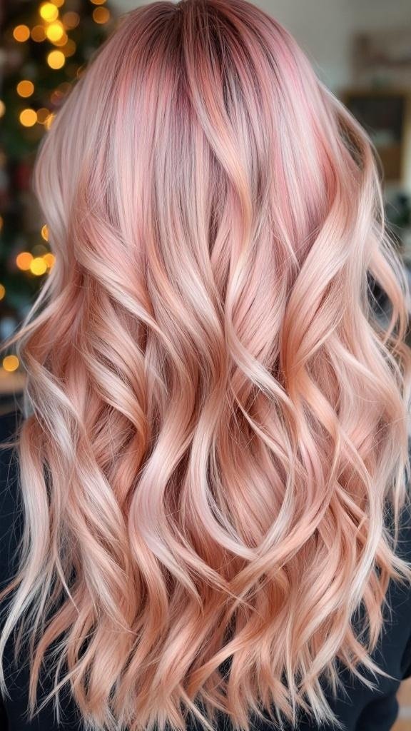 A beautiful rose gold hair color with soft waves and a shiny finish.