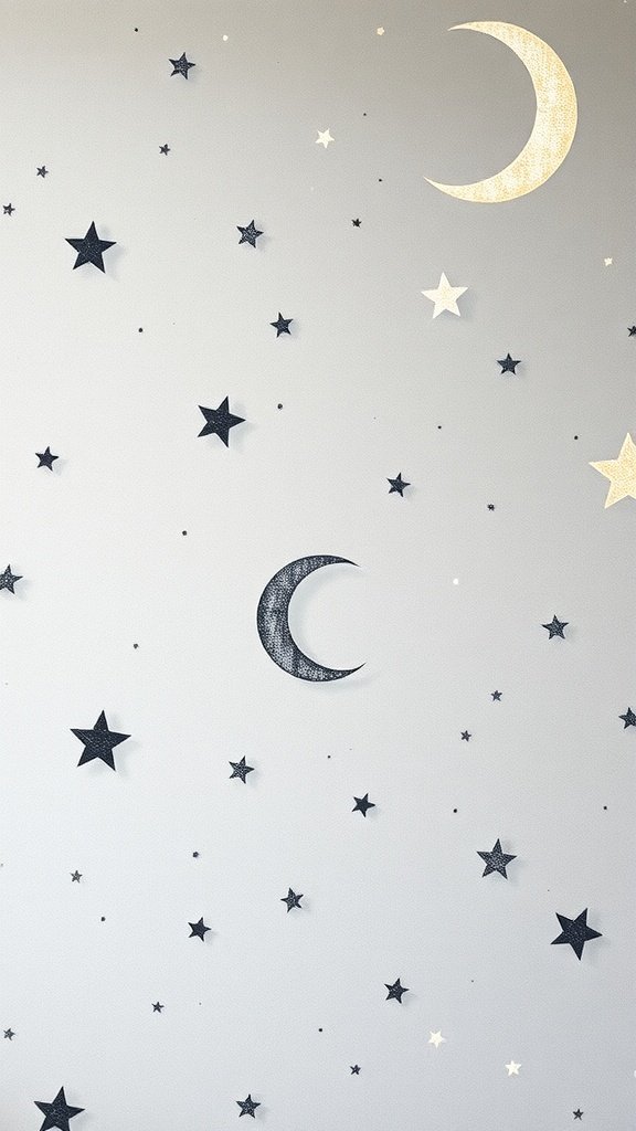 A wall with celestial patterns featuring stars and moons.