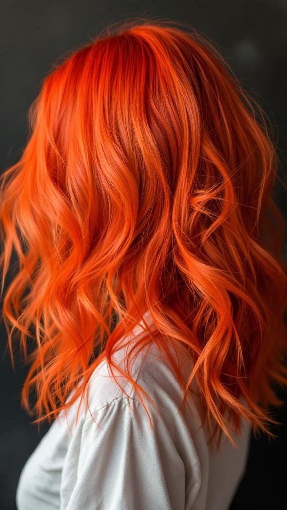 A woman with vibrant red and orange wavy hair, showcasing a bold color melt hairstyle.