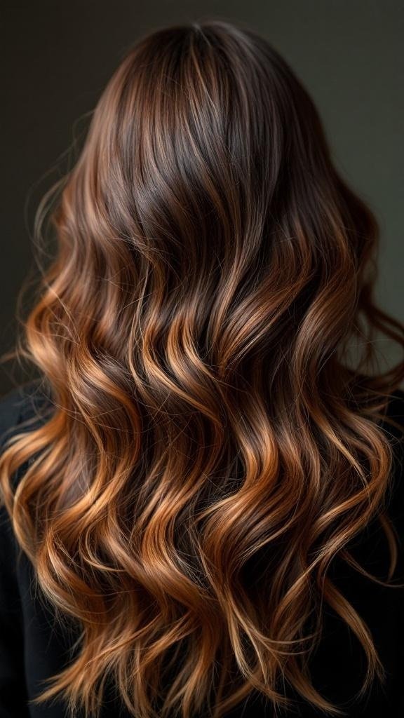A beautiful hairstyle featuring chocolate and caramel color melt, showcasing soft waves.