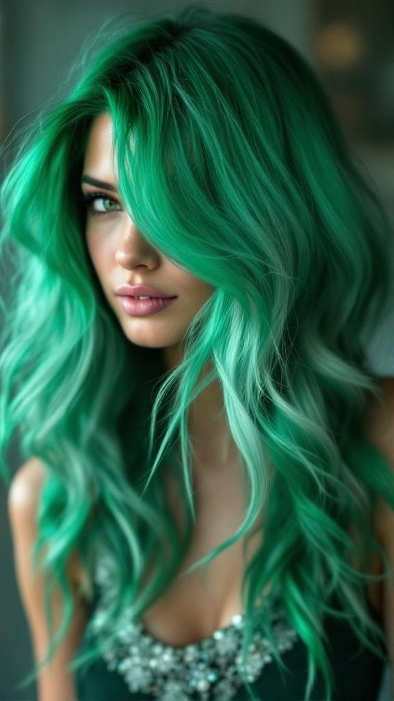 A woman with emerald green hair styled in waves, showcasing a fade from dark to light green.