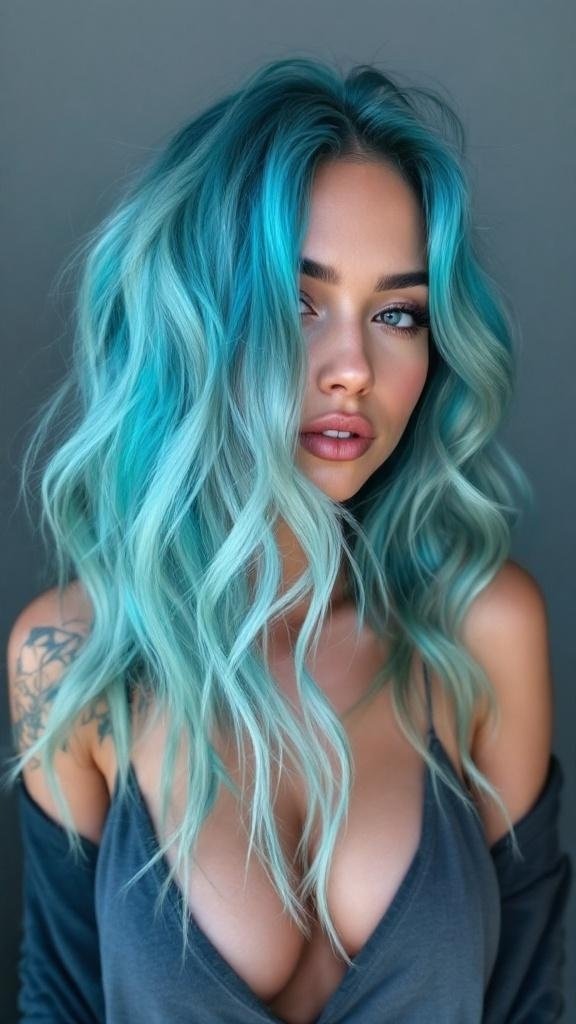A woman with ocean wave blue hair, featuring deep blue and lighter shades, styled in loose waves.