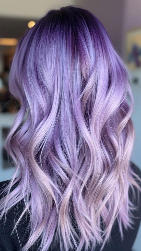 A back view of hair styled in cool toned lavender melt with soft waves.
