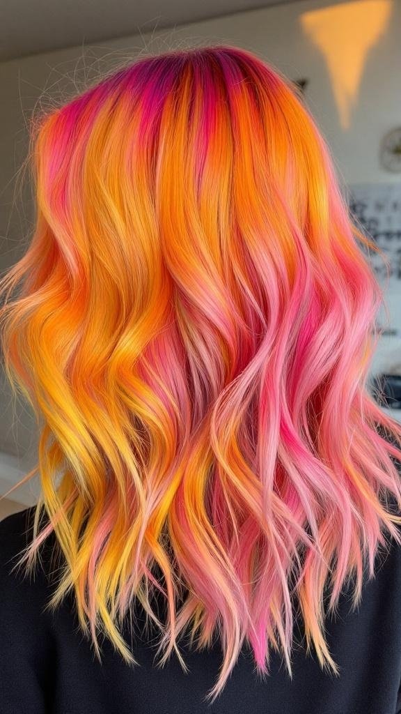 Vibrant sunset ombre hair with pink, orange, and yellow colors.