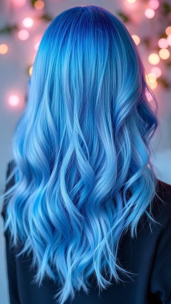 A hairstyle featuring a blend of icy blue shades with soft waves.