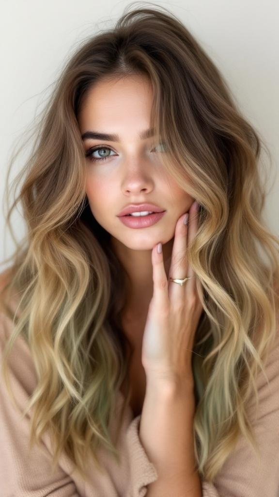 A woman with wavy hair in muted earthy tones, showcasing a color melt effect.