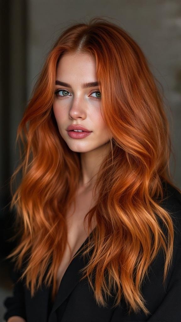 A woman with long, wavy copper and auburn hair, showcasing a beautiful color melt.