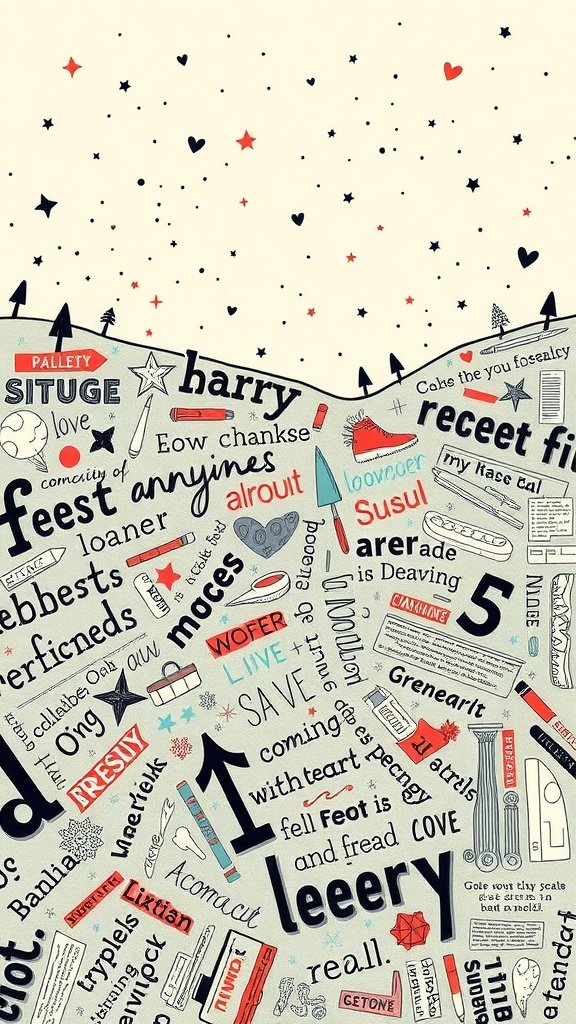 A whimsical doodle art wallpaper featuring playful words and colorful designs.