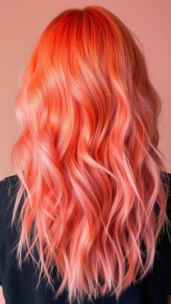 A hairstyle showcasing Sunset Coral Fusion with vibrant coral and soft pink tones.