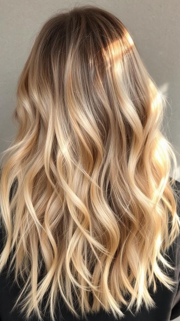 A beautiful sun-kissed blonde melt hairstyle with soft waves.