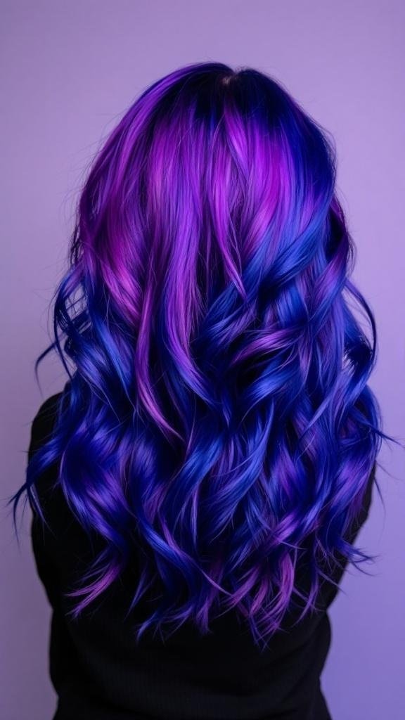 A vibrant blend of violet and indigo hair color, styled in loose waves.