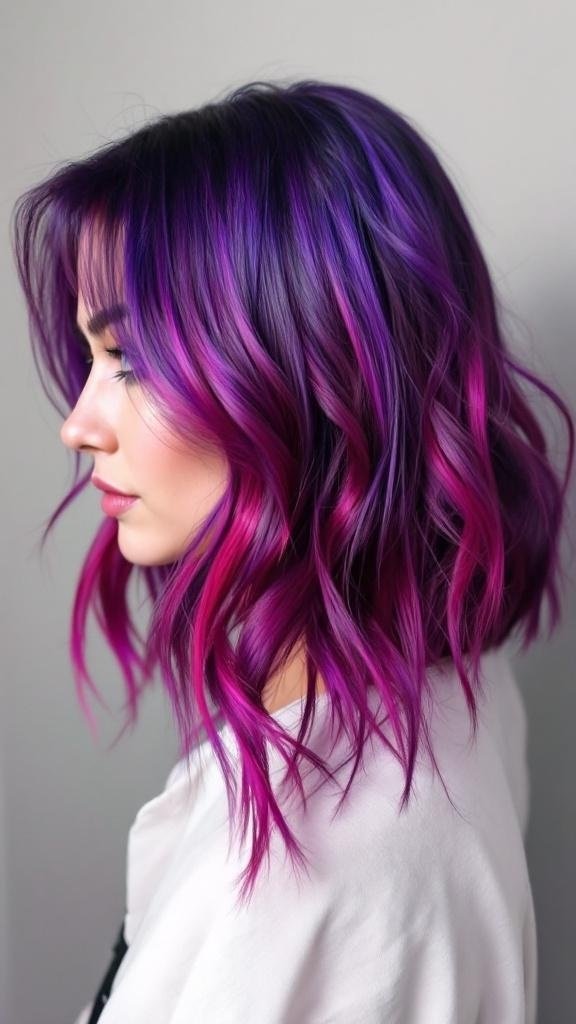 A woman with berry burst blend hair featuring deep purple and vibrant pink colors.