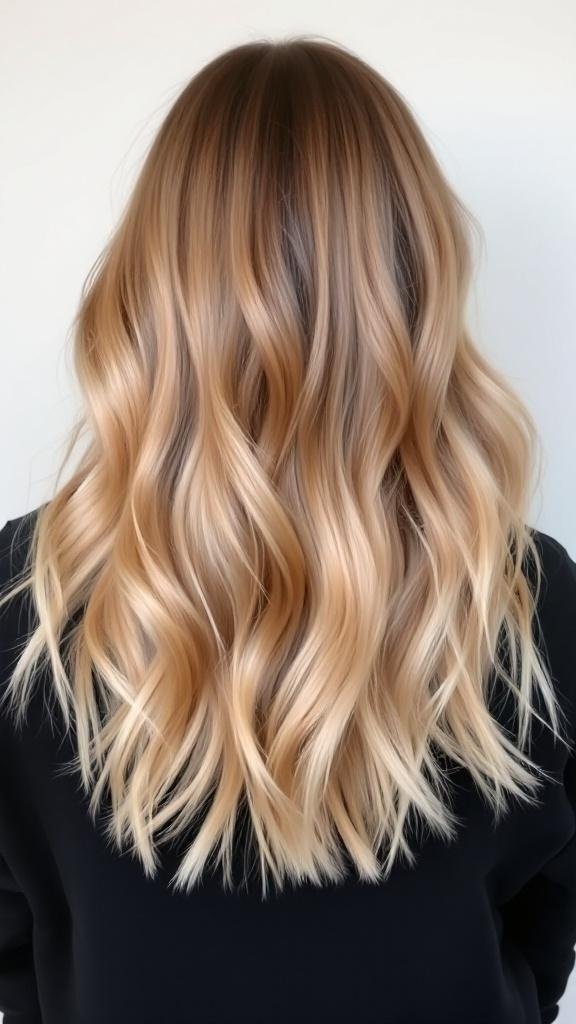 A hairstyle featuring honey blonde melting with waves and a natural gradient.