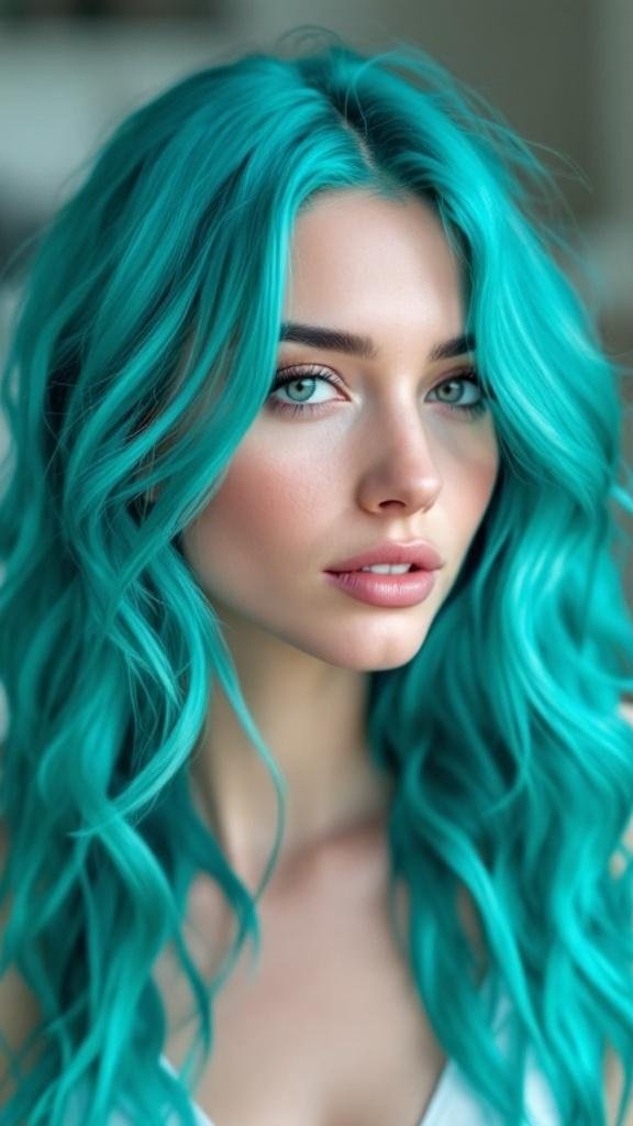 A person with teal and turquoise hair, showcasing a vibrant color fusion.