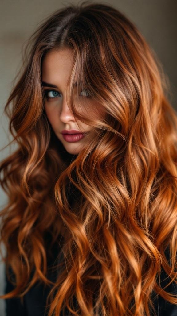 A woman with long, wavy hair in a cinnamon spice melt color, featuring rich copper and caramel tones.