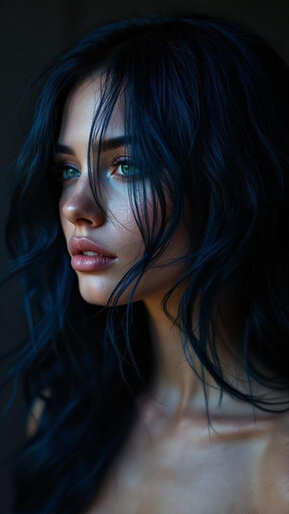 A woman with dark blue hair styled in loose waves, showcasing a color melt from black to blue.