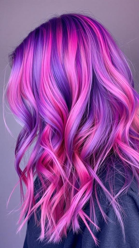A hairstyle featuring a blend of vibrant purples and pinks in soft waves.