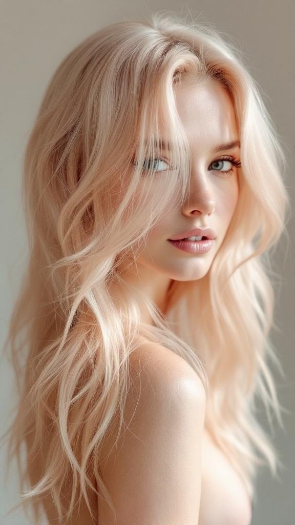 A person with soft peach and cream colored hair, showcasing a gentle color melt effect.