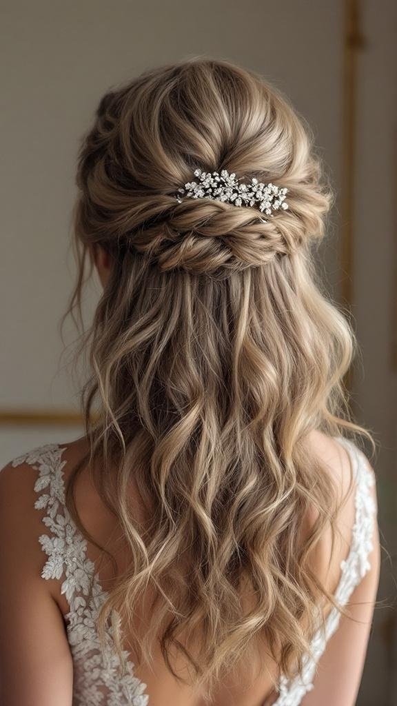 A woman with half-up loose curls adorned with a decorative hairpiece.