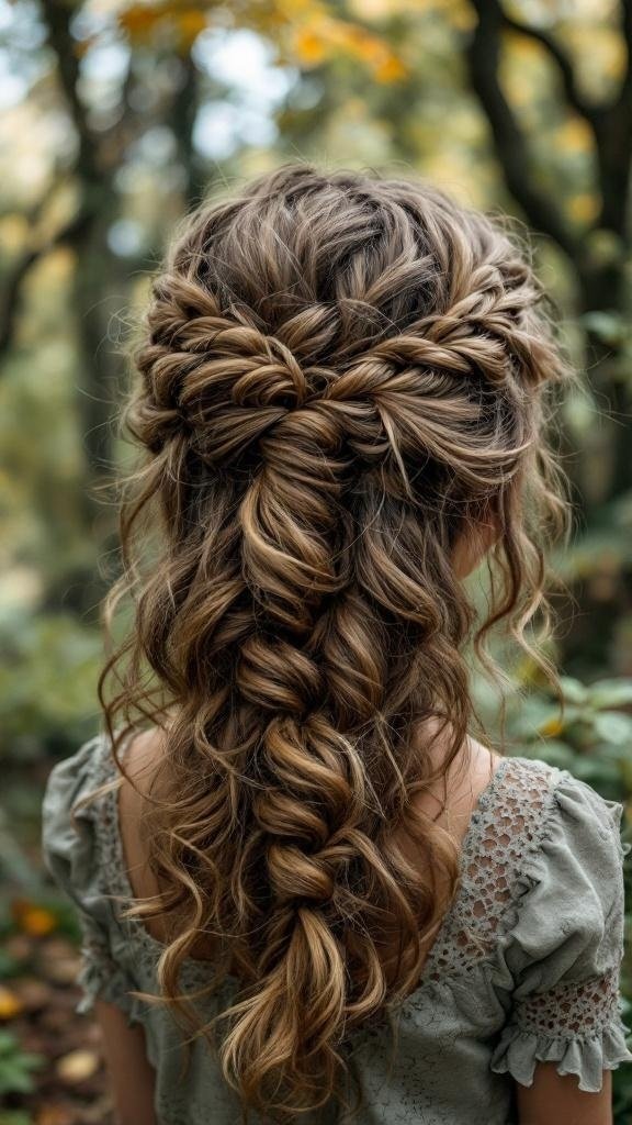 A hairstyle featuring whimsical loose curls and braids, showcasing a playful and romantic look.