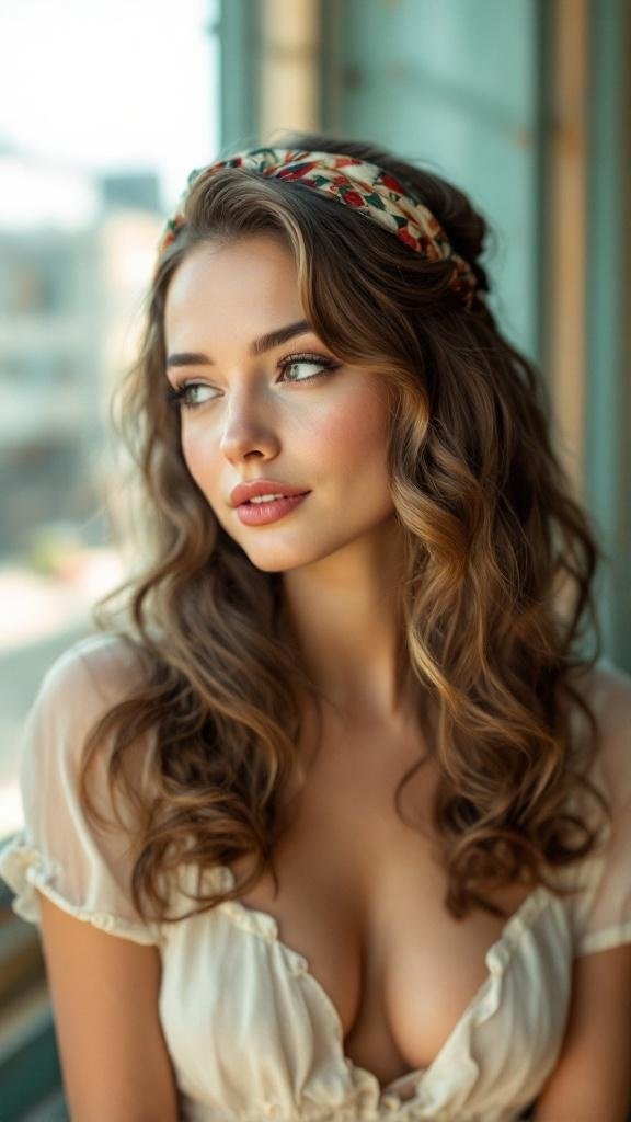 A woman with loose vintage curls and a floral headband, showcasing a romantic hairstyle.