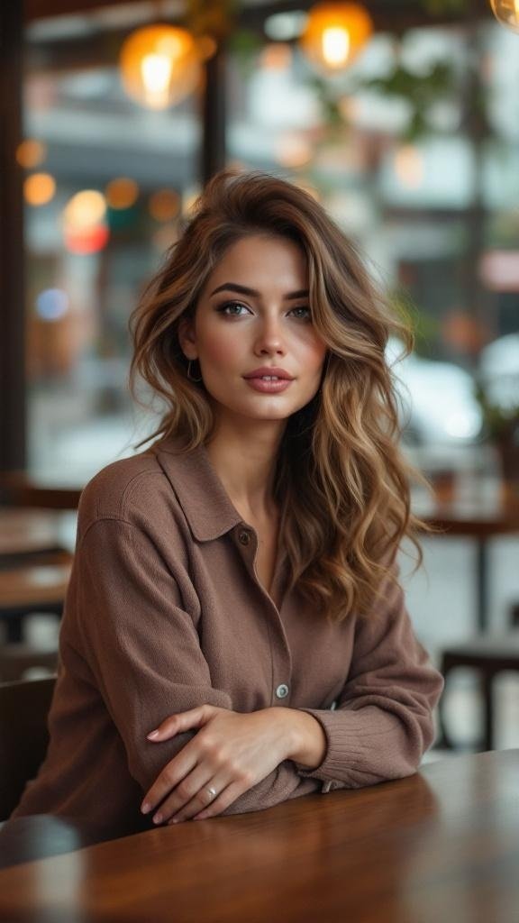 A woman with loose curls styled in a side part, sitting at a cafe.