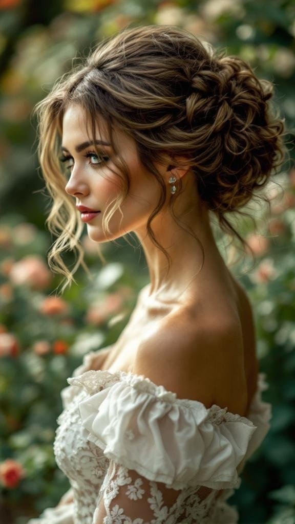 A woman with a romantic updo hairstyle featuring loose tendrils, wearing a beautiful dress.