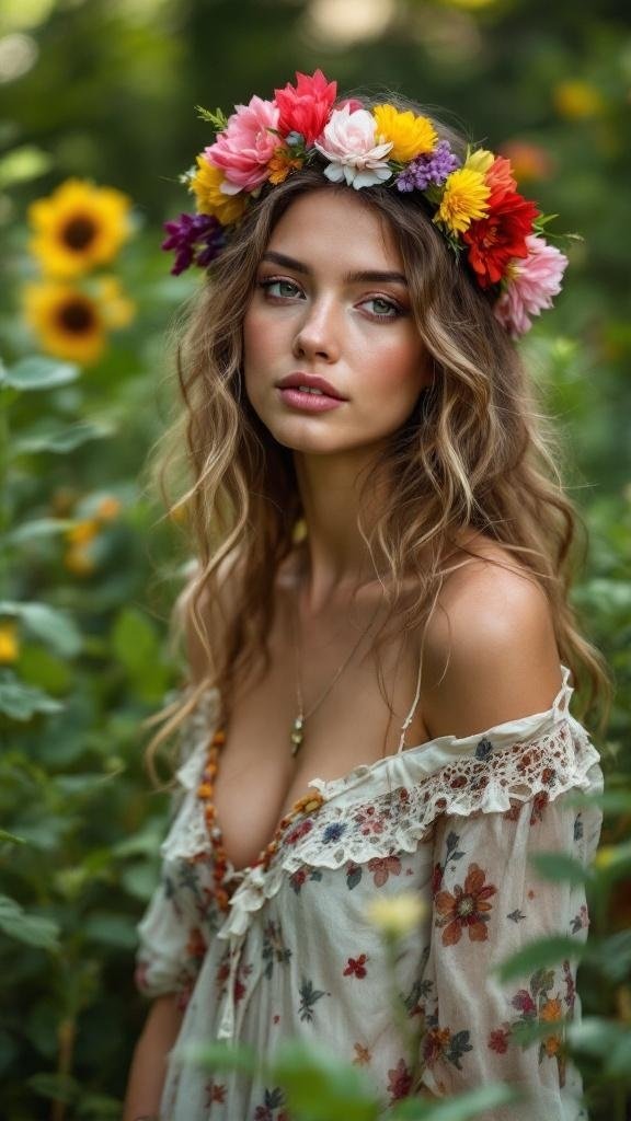 A woman with loose curls and a floral crown, surrounded by sunflowers.