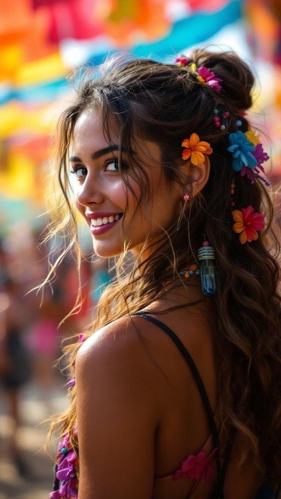 A woman with loose curls adorned with colorful flowers and accessories, smiling in a vibrant setting.