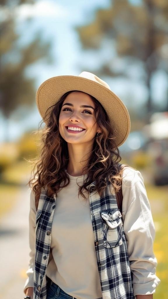 A woman with loose curls wearing a wide-brimmed hat, smiling outdoors.
