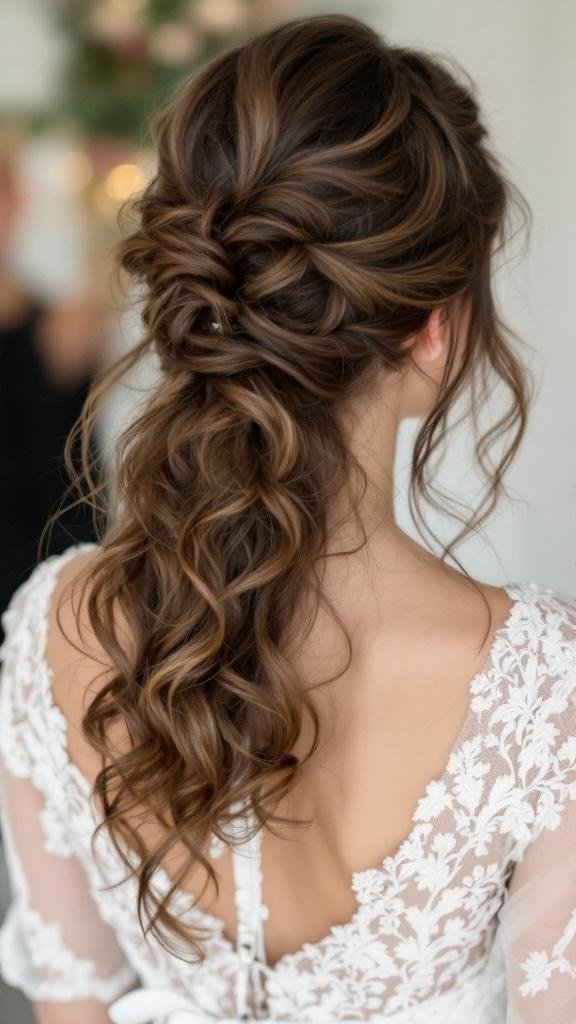 A romantic hairstyle featuring loose curls styled elegantly.