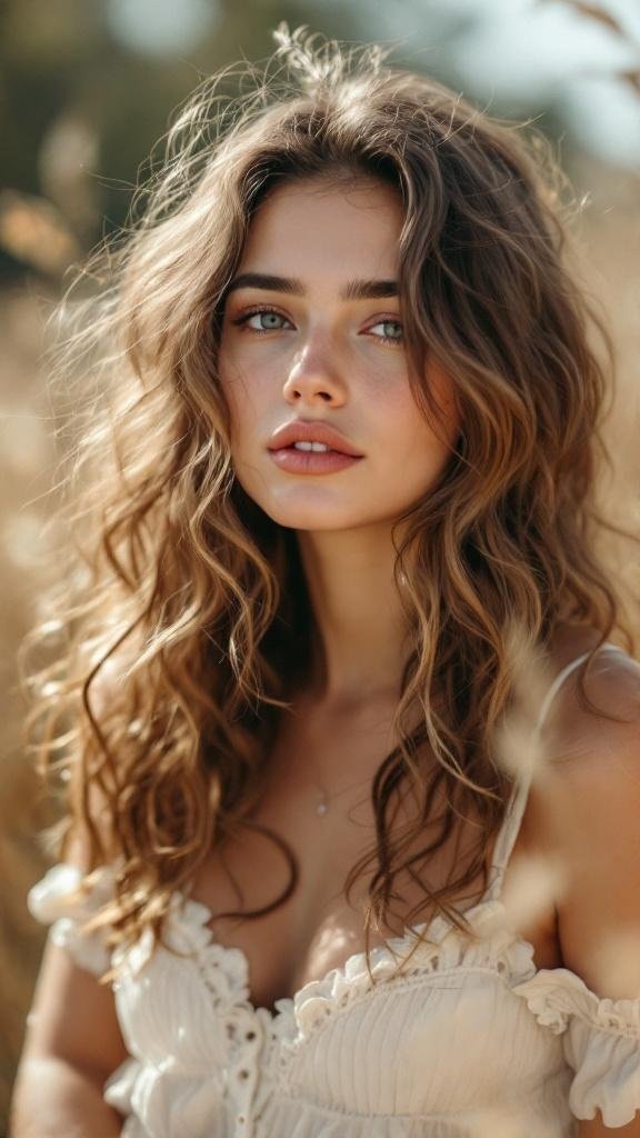 A woman with soft loose curls, showcasing a natural look.