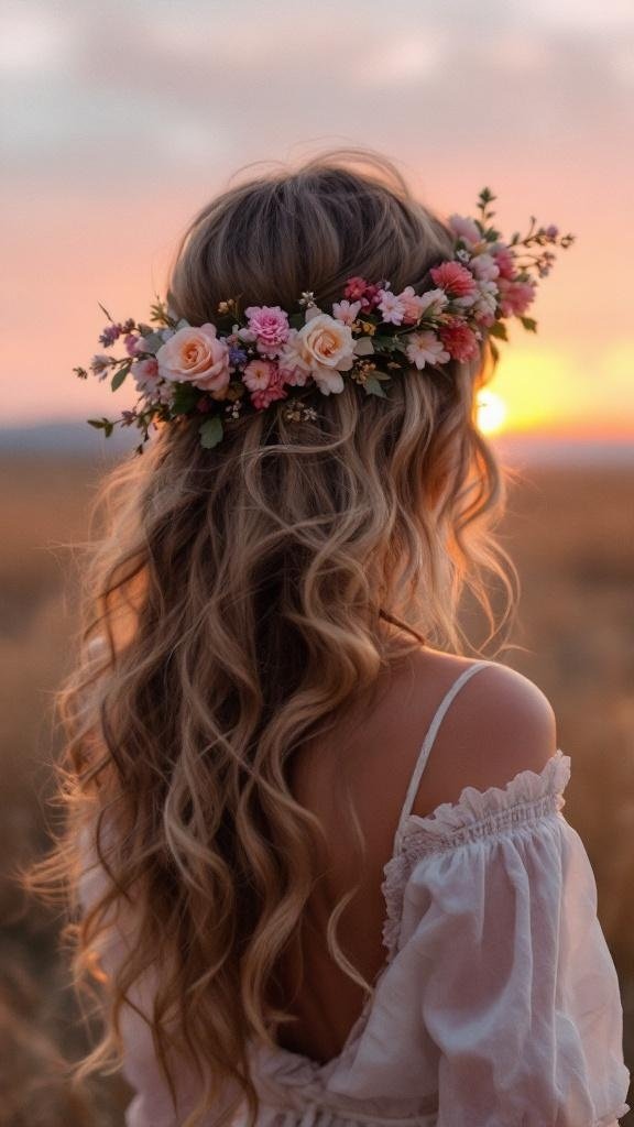 A woman with loose curls and a floral headpiece, standing against a sunset backdrop.