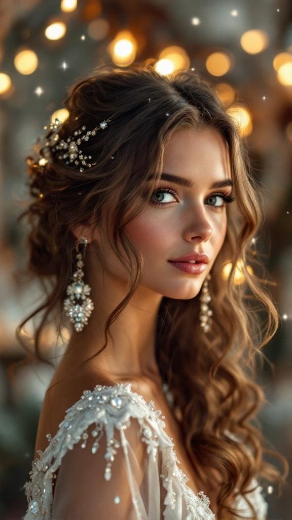 A woman with loose curls adorned with sparkling accessories, looking elegant and confident.
