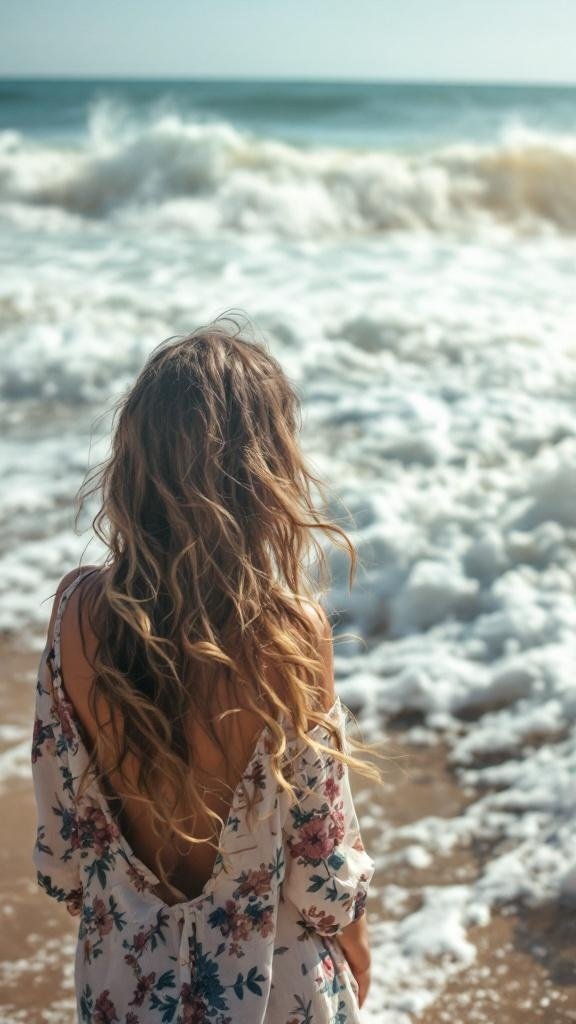 A woman with loose curls standing by the beach, wearing a floral dress, with waves in the background.