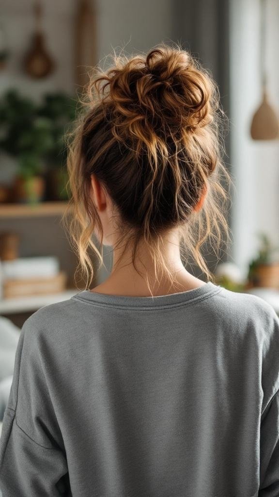 A woman with loose curls styled in a messy bun, viewed from the back.