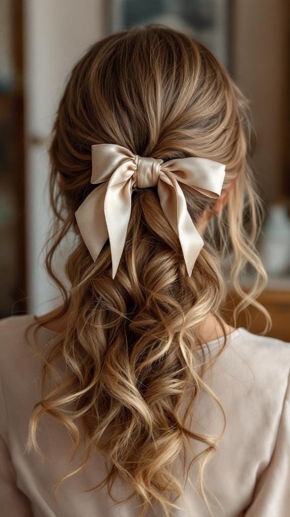 A woman with loose curls styled with a satin bow at the back.