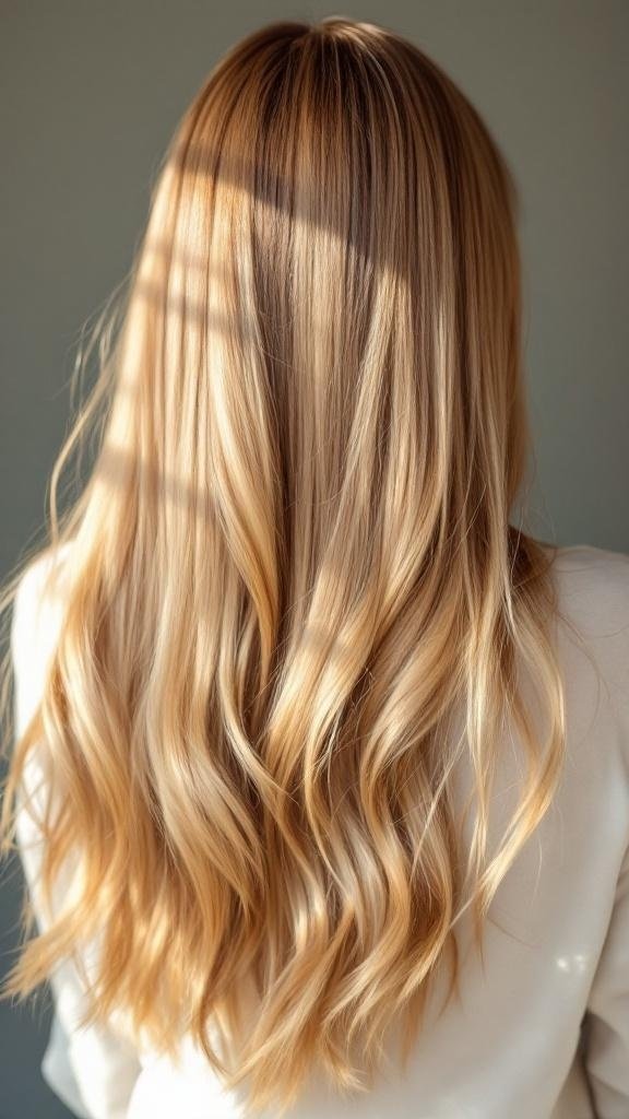A back view of long, wavy honey blonde hair with natural highlights.
