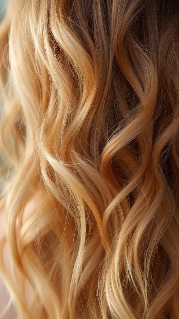 Close-up of wavy hair with sun-kissed honey highlights.