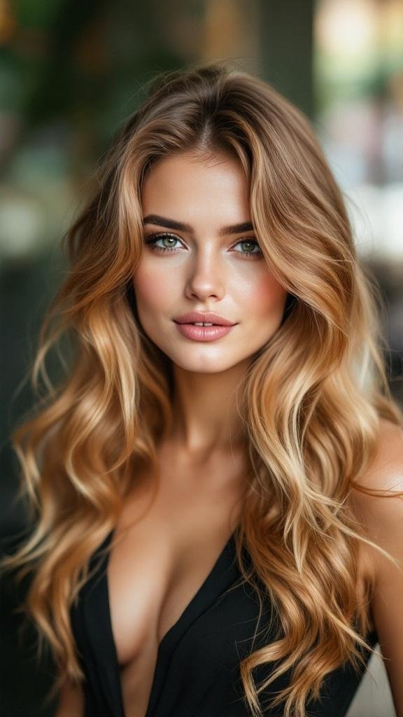 A woman with warm honey blonde waves, showcasing soft curls and a radiant look.