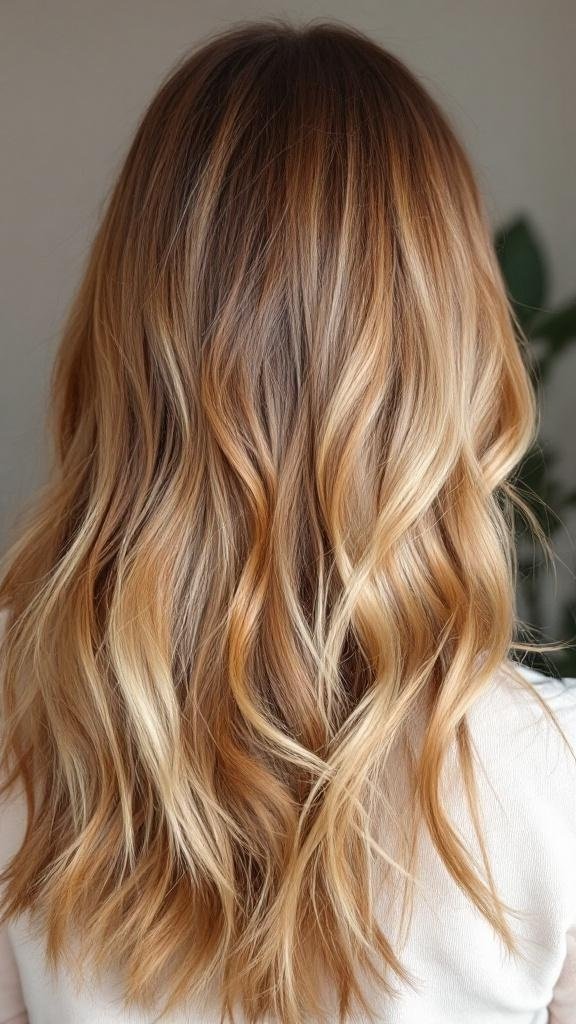 A beautiful hairstyle featuring a blend of caramel and honey blonde colors with soft waves.