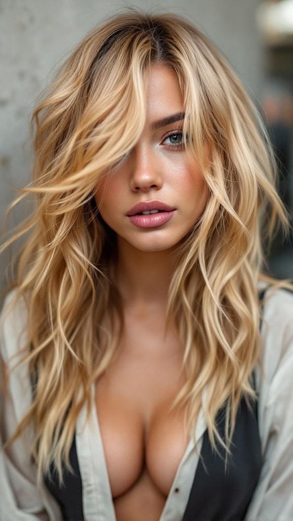A woman with honey blonde hair and dark roots, showcasing a trendy hairstyle.