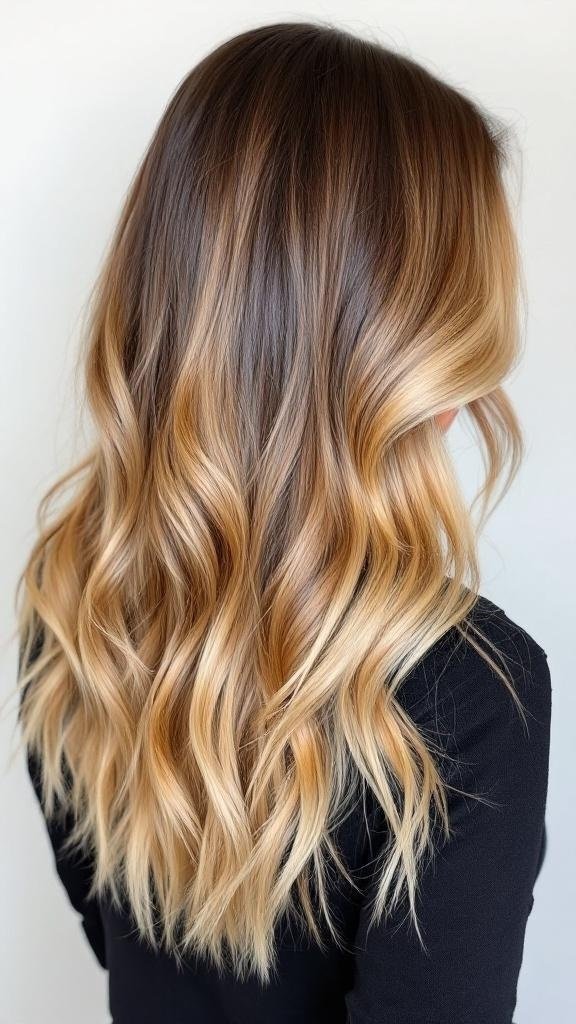 A woman with honey blonde ombre hair, featuring darker roots and lighter ends, styled in loose waves.