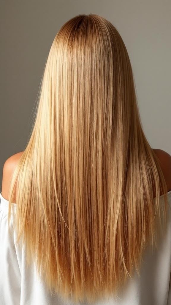 Long straight honey blonde hair viewed from the back