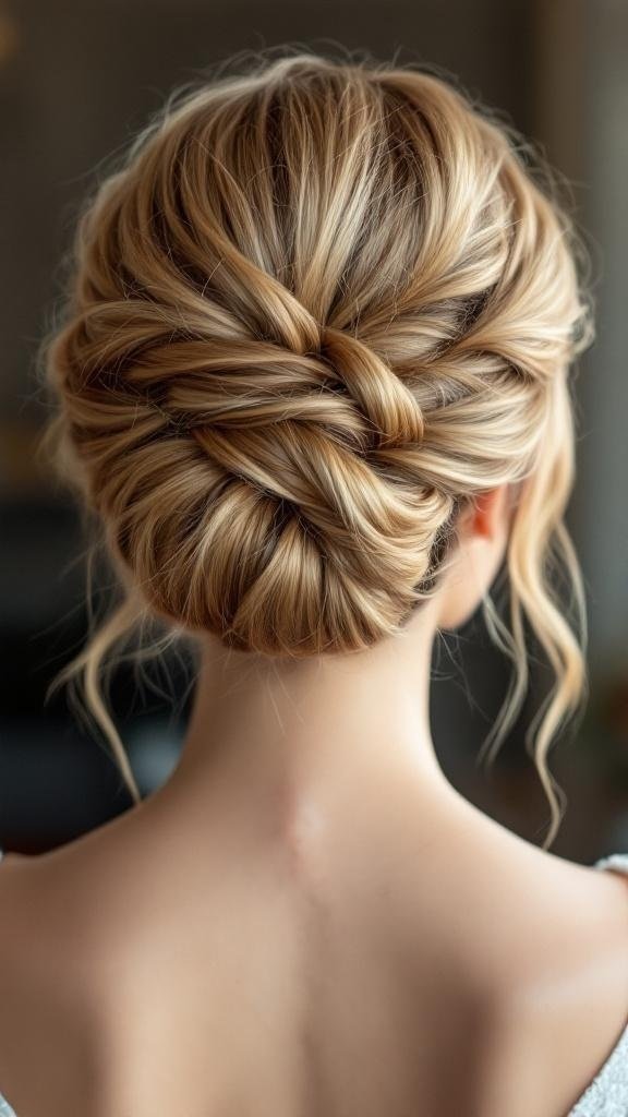 A beautiful honey blonde updo hairstyle featuring braids and twists.