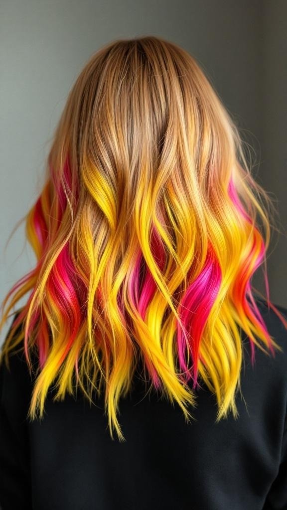A hairstyle featuring honey blonde hair with vibrant pink and yellow tips.